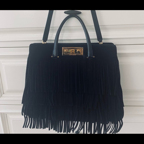 SAINT LAURENT ELEGANT BLACK Suede Layers of Fringes lined Beautifully with Gold - Picture 9 of 16